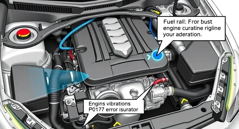 A detailed illustration of a car engine bay with the engine prominently displayed. Focus on the fuel rail and associated components, highlighting the P0197 error code indicator. Include visual cues representing the engine's operation, such as exhaust fumes and engine vibrations.