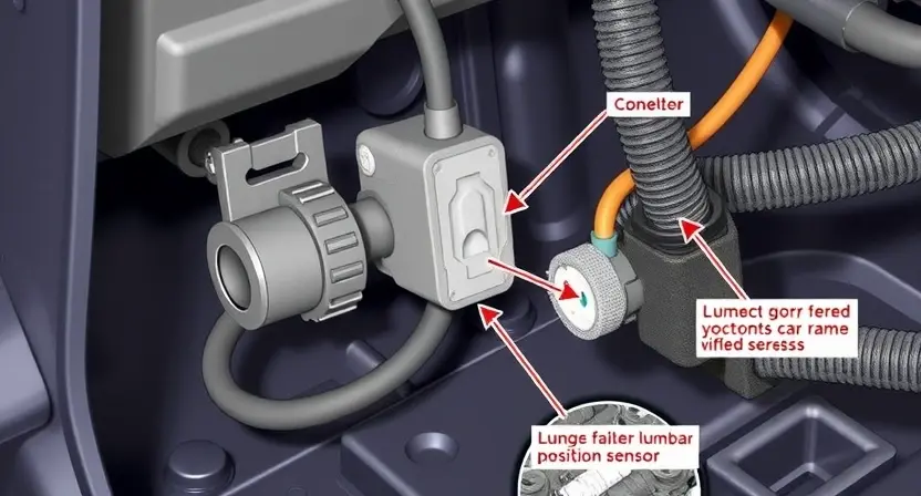 A detailed illustration of a car's wiring harness, specifically focusing on the circuit connected to the lumbar position sensor. Show the sensor itself, the wiring, and the connectors in a clear and technical manner. Highlight any potential points of failure or damage, such as frayed wires or corroded connectors. The image should be realistic and highly detailed, suitable for a repair manual.
