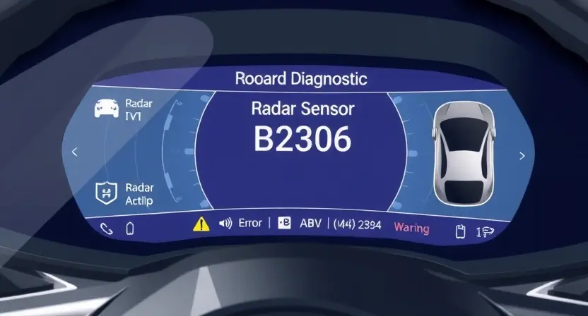 A high-quality technical illustration showing a car's onboard diagnostic system displaying error code B2306, with a focus on the radar sensor area, clean digital interface, professional automotive diagnostic tools, and clear warning indicators, no text or numbers visible on the image