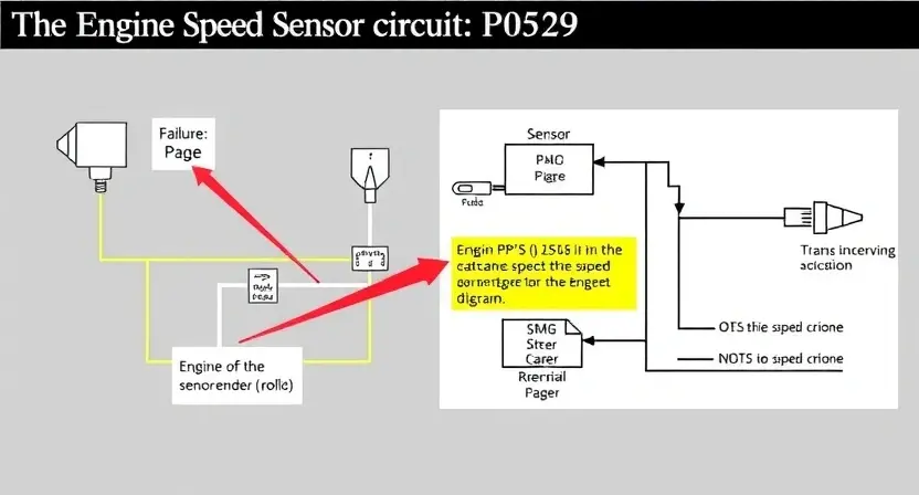 A detailed schematic diagram of an engine speed sensor circuit, highlighting the P0529 error code and potential causes. Include visual representations of the sensor, wiring, and possible failure points.
