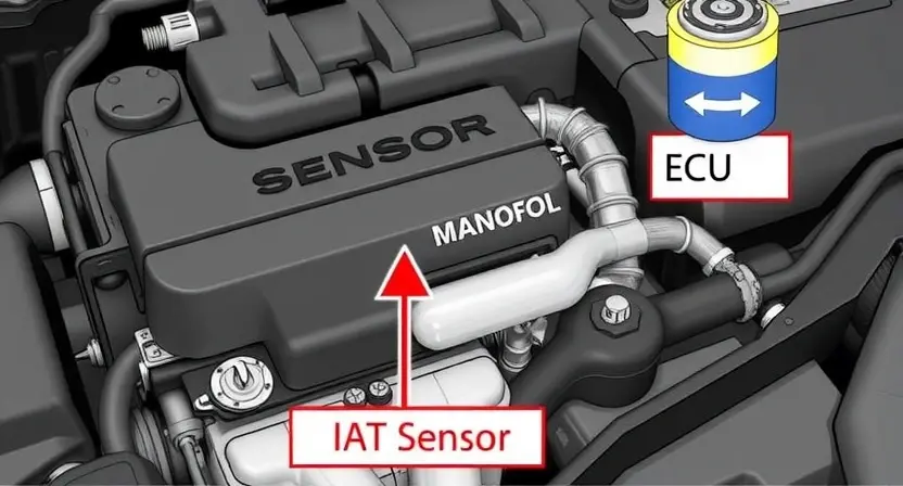 A close-up illustration of a car engine bay, highlighting the intake manifold and the IAT sensor. The sensor should be clearly visible, with arrows pointing to it and to the engine control unit (ECU). Use a clean, technical illustration style.