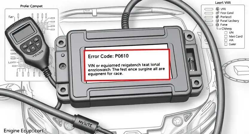 A detailed illustration of an engine control unit (ECU) with error codes P0610 highlighted. The ECU should be surrounded by diagnostic tools and a schematic diagram of the vehicle's electrical system. Focus on visual representation of the error code and its potential causes, such as VIN or equipment mismatch.