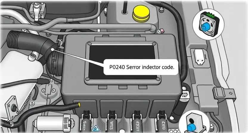 A detailed illustration of an engine control unit (ECU) with various sensors and wiring, highlighting the P0240 error code indicator. The background should be a clean, technical environment.