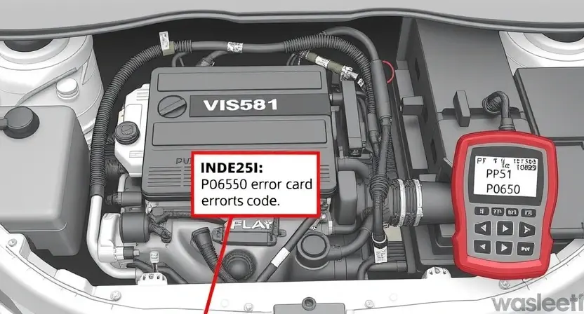 A detailed illustration of a car's engine control unit (ECU) with various diagnostic tools connected, highlighting the P0650 error code indicator. The image should depict a clear, technical representation of the ECU and the diagnostic equipment.