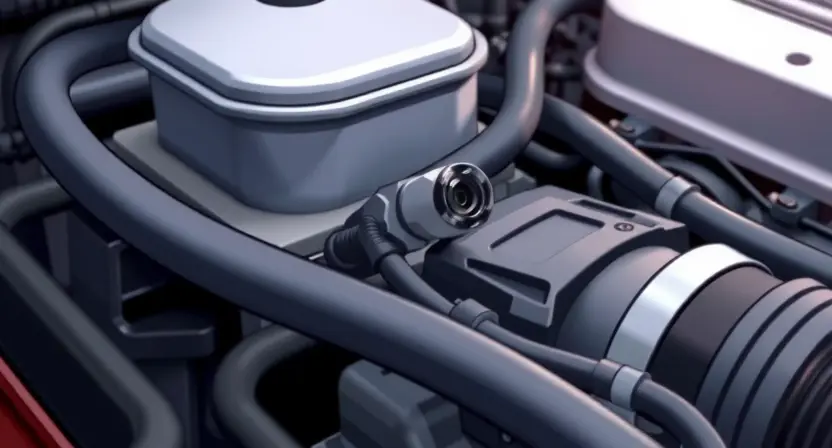 A close-up, detailed illustration of a car engine bay, focusing on the throttle position sensor and its wiring. The sensor should be clearly visible, along with surrounding engine components like hoses and belts. The overall lighting should be bright and clean, emphasizing the mechanical details.
