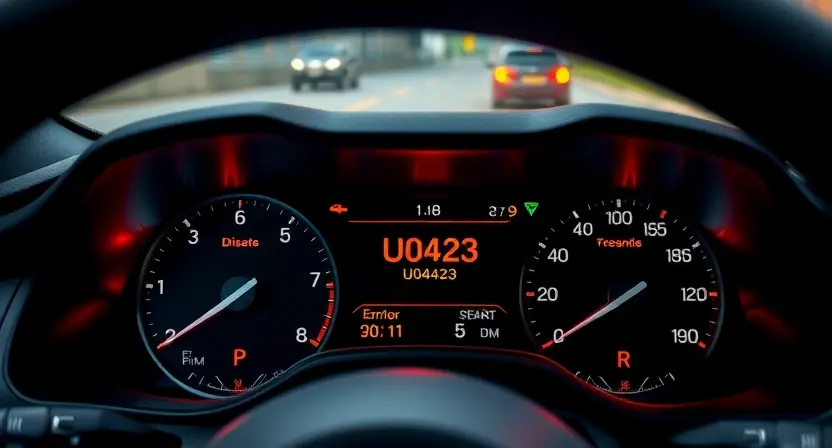 A modern car dashboard displaying an error code U0423 on the instrument panel, with warning lights and digital display showing an error message, realistic automotive interior, high detail