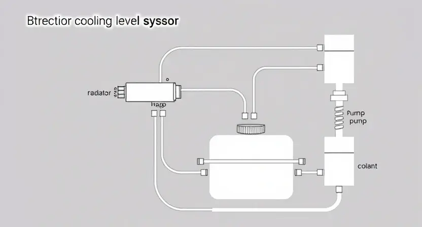 A detailed diagram illustrating a cooling level sensor and its integration within a system. The diagram should show the sensor's physical components, wiring connections, and its interaction with the cooling system components (e.g., radiator, pump, coolant reservoir). Focus on clarity and precision in depicting the sensor's function and location.