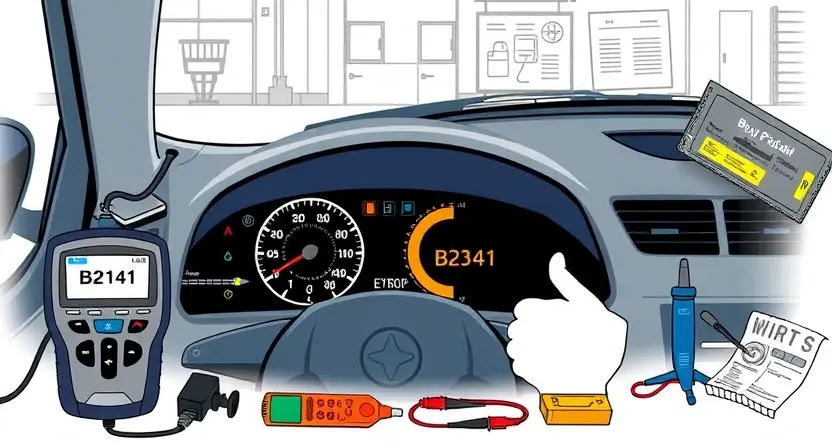 A detailed technical illustration showing a car's dashboard with a warning light indicating error B2141, surrounded by diagnostic tools like an OBD-II scanner, multimeter, and wiring diagrams, with a mechanic in work clothes examining the system, all in a clean, professional automotive repair shop setting