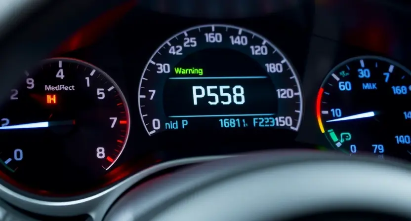 A detailed close-up of a car dashboard with illuminated warning lights, specifically highlighting the P0568 code on the display. The dashboard should be modern and clean, with a focus on the warning light section. The background should be slightly blurred to emphasize the warning lights.