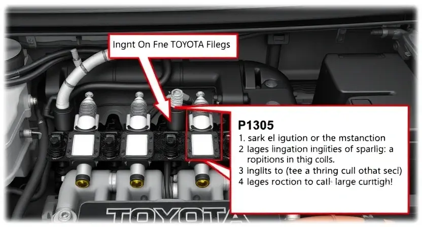 A detailed illustration of a Toyota vehicle's ignition system with a highlighted P1305 error code, showing spark plugs, ignition coils, and wiring harness, with a subtle warning indicator on the dashboard
