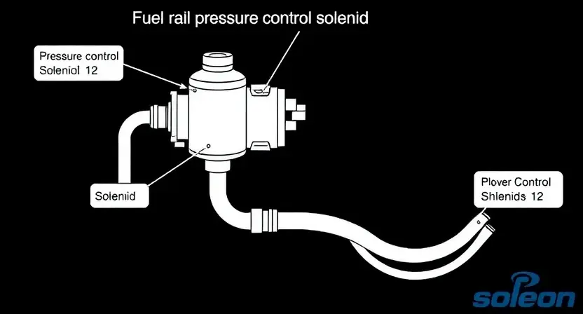 A detailed diagram illustrating a pressure control solenoid and its connection to a vehicle's fuel system. The diagram should show the solenoid, hoses, and the fuel rail. Include labels for key components like 'solenoid', 'fuel rail', 'pressure regulator', and 'hoses'. The image should be clean and professional, suitable for a technical manual.