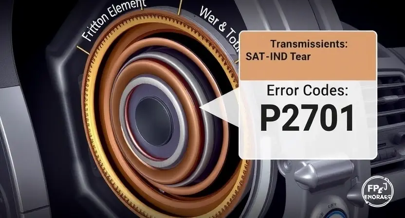 A detailed illustration of a transmission's friction element, showing wear and tear, with a diagnostic overlay indicating error code P2701. The image should depict the internal components of the transmission, highlighting the friction material and its condition.