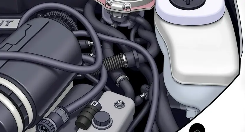 A close-up, detailed illustration of a car engine bay with a focus on the coolant temperature sensor. The sensor should be clearly visible, along with nearby hoses and wiring. The overall scene should convey a sense of automotive mechanics and diagnostics. The engine should be clean and well-maintained. Emphasis on the sensor's physical appearance and its connection to the engine block.