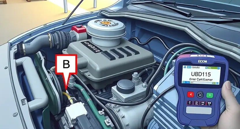 A detailed technical illustration showing a car engine with a highlighted Engine Control Module (ECM) labeled 'B', disconnected wiring harness, and diagnostic tools like an OBD-II scanner displaying error code U0115, set in a modern auto repair shop environment with soft ambient lighting and clean mechanical details