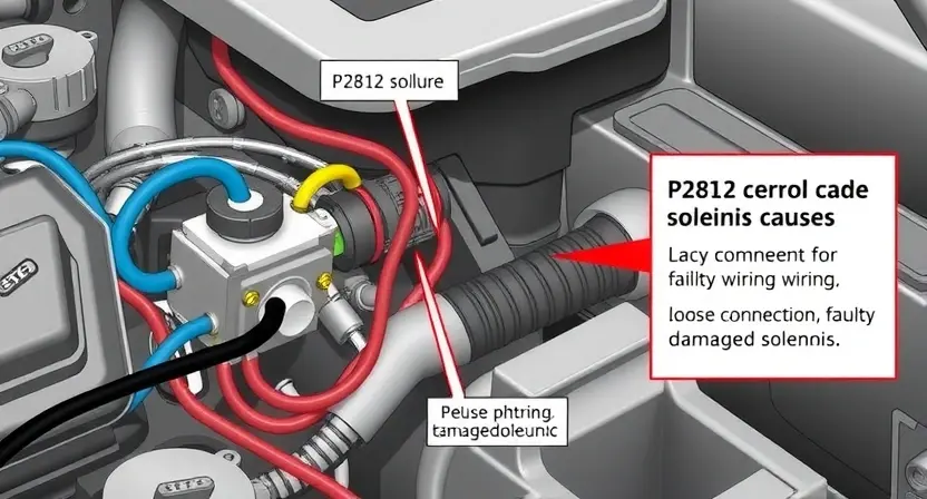 A detailed illustration of a car's electrical system, focusing on the solenoid and its connection to the engine control unit (ECU). The image should show the solenoid's internal components and wiring, highlighting potential points of failure. Include visual cues representing the P2812 error code and its potential causes (e.g., loose connection, faulty wiring, damaged solenoid).