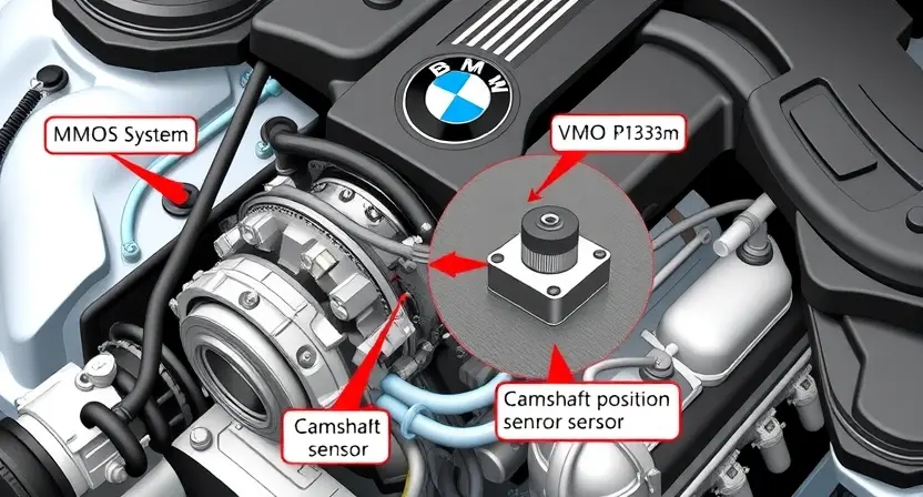 A high-quality technical illustration showing a BMW engine with the VANOS system highlighted, focusing on the camshaft position sensor and related components, with clear labels indicating error code P1335, clean background, professional automotive diagram style