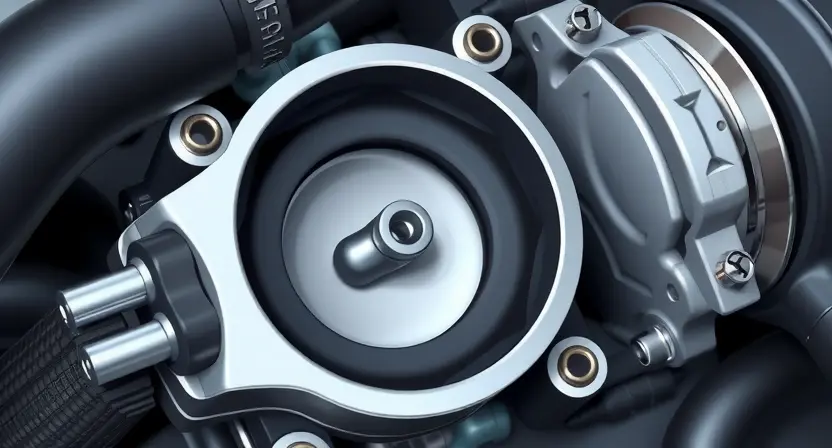 A close-up, detailed illustration of a car's throttle body, highlighting its internal components and focusing on the area where a blockage might occur. The image should convey a sense of mechanical precision and potential malfunction. Use realistic textures and lighting to emphasize the details.