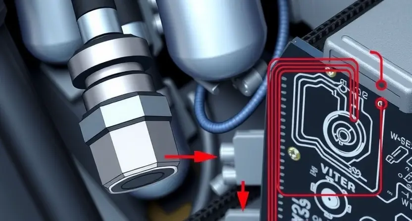 A close-up, detailed illustration of an automotive air suspension system's pressure sensor circuit. Focus on the sensor itself, wiring connections, and a simplified representation of the circuit board. The image should clearly show the components and their arrangement within the circuit. Use realistic colors and textures to depict the metal, plastic, and electrical components.
