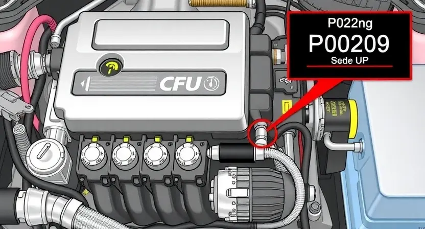 A detailed illustration of an automotive engine control unit (ECU) with various sensors and wiring. Focus on the area where the P0209 error code might be related to. Include a visual representation of the P0209 code displayed on a dashboard or diagnostic tool.