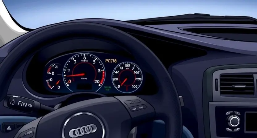 A detailed illustration of a car's dashboard with a diagnostic display showing the P0718 error code. The dashboard should be brightly lit and clearly show the error message. Include relevant car components like the steering wheel, instrument cluster, and air vents.