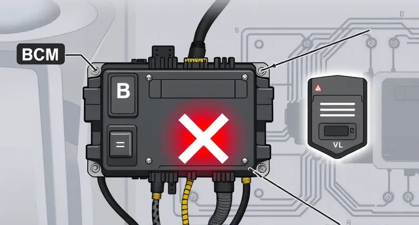 A detailed technical illustration of a vehicle's body control module (BCM) labeled 'B' with visible wiring harnesses and connectors, showing a broken communication link indicated by a red 'X' or warning symbol between the BCM and other vehicle systems (like engine control unit or dashboard), set against a clean automotive engineering background with subtle circuit diagram overlays, no text or labels in the image, professional diagnostic tool aesthetic
