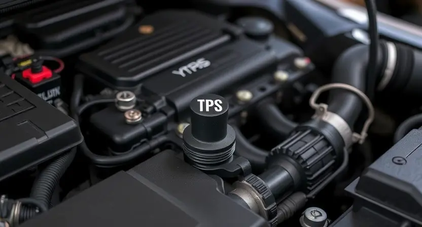 A close-up shot of a car's engine bay, focusing on the Throttle Position Sensor (TPS). The engine should be clean and well-lit. Highlight the TPS with a subtle glow or outline to make it easily identifiable. Show surrounding engine components like hoses and wires, but keep the focus on the TPS.