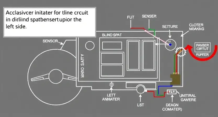 A detailed schematic diagram of an automotive dashboard, specifically highlighting the indicator circuit for blind spot monitoring on the left side. Include labeled components like sensors, wiring, and the control unit. The diagram should be clean and easy to understand, with clear lines and annotations.