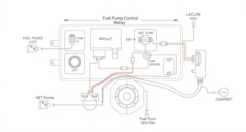 A detailed schematic diagram of a car's fuel pump relay control circuit. The diagram should clearly show the relay, wiring connections, and any associated sensors or control modules. Focus on the electrical connections and components involved in the relay's operation. Use clear, technical illustrations and labels.