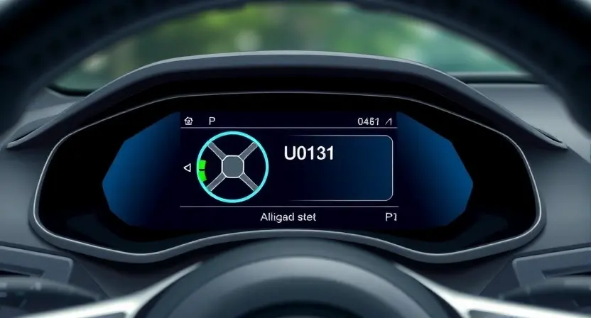 A detailed illustration of a car's dashboard with a diagnostic screen displaying the error code U0131. The screen should show a visual representation of the steering wheel amplifier and a warning symbol. The background should be a realistic car interior, focusing on the dashboard area.