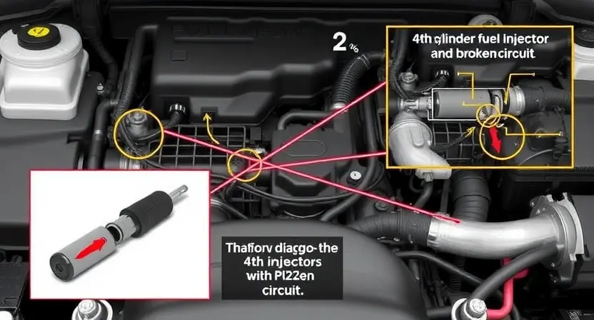 A detailed illustration of an engine bay with a focus on the fuel injector wiring and a visual representation of a broken circuit. Include a diagram showing the 4th cylinder fuel injector and its associated wiring. The image should depict a potential cause of a P0204 error code.