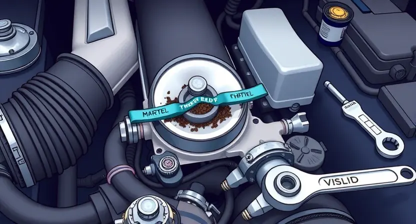 A detailed illustration of a car engine bay, focusing on the intake manifold and throttle body. The throttle body is visibly obstructed by debris, representing a stuck valve. Tools like a wrench and screwdriver are subtly placed nearby, suggesting repair. The overall scene should be clean and well-lit, emphasizing the mechanical components.