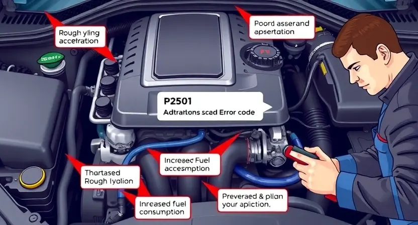 A detailed illustration of a car engine with a highlighted error code P2501, showing the specific components that might be causing the issue. The image should include visual indicators of common symptoms such as rough idling, poor acceleration, and increased fuel consumption. Additionally, depict a mechanic using diagnostic tools to identify and fix the problem, with a focus on preventive maintenance techniques.