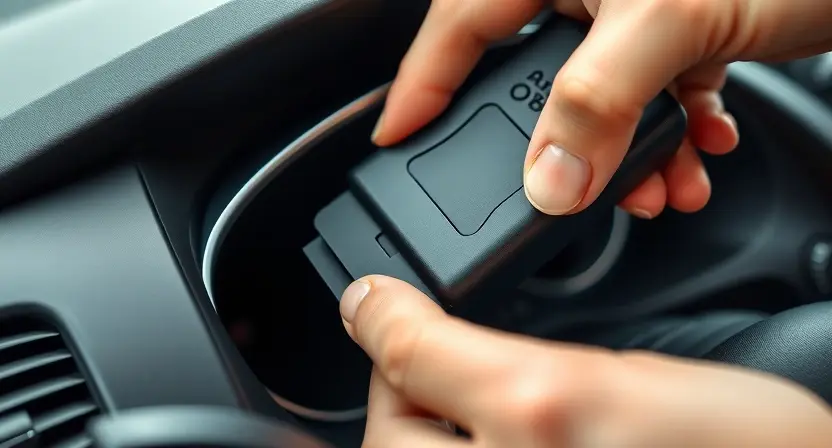 A close-up, detailed image of an OBD-II port on a car's dashboard. A mechanic's hand is shown inserting an OBD-II scanner into the port. The background is blurred, showing the interior of a car. Focus on the port and the scanner connection. The car should be a modern Opel model, subtly visible.
