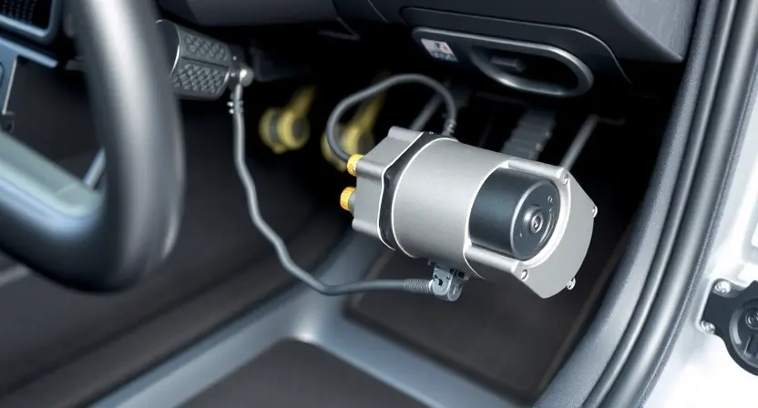 A detailed, realistic photograph of the interior of a car, specifically focusing on the handbrake mechanism and the right electric motor associated with it. The motor should be clearly visible, connected to the handbrake cable and surrounding components. The image should highlight the mechanical details and wiring of the system. The car interior should be clean and well-lit, showcasing the components without distractions.