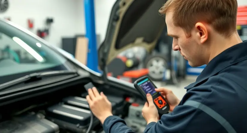 A mechanic using an OBD-II scanner to diagnose a car. The car's engine bay is visible, with the scanner connected to the diagnostic port. The mechanic is focused on the scanner's display, which shows diagnostic codes. The background is a clean and organized auto repair shop.