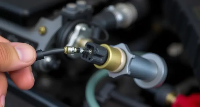 A close-up, detailed image of an oxygen sensor being removed from a car's exhaust manifold. Focus on the sensor itself, showing its wiring and connection points. The background should be blurred, suggesting a car engine bay. The lighting should be bright and even, highlighting the sensor's details.