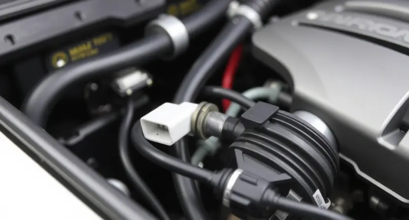 A close-up, detailed image of a car's engine bay. Focus on the mass airflow sensor (MAF sensor) and the associated wiring harness. The sensor should be clearly visible, and the wiring should be neatly organized. The overall lighting should be bright and even, highlighting the components. The background should be slightly blurred to emphasize the sensor.