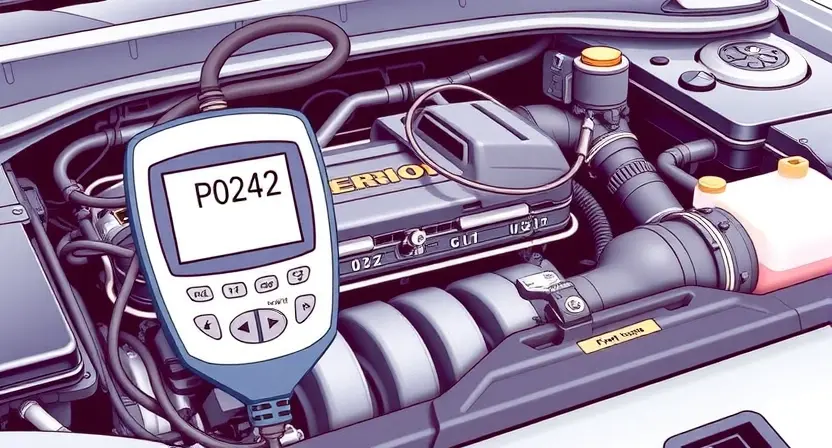 A detailed illustration of a car's engine bay with a diagnostic tool connected to the engine. The tool displays an error code P0242. Focus on the engine components and the error code display.