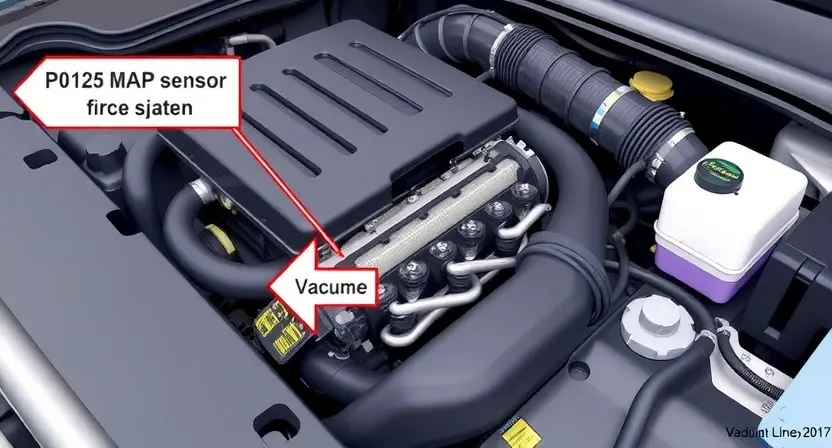A close-up, detailed illustration of a car engine bay with a focus on the engine's air intake system and associated sensors. The image should clearly depict the components related to the P0125 error code, such as the MAP sensor and vacuum lines. The engine should appear clean and well-maintained.