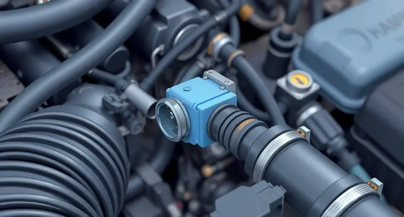 A close-up, detailed illustration of an engine bay with a focus on the Engine Coolant Temperature (ECT) sensor. The sensor should be clearly visible, along with surrounding engine components like hoses and wiring. Use bright, clean colors to highlight the sensor. The background should be slightly blurred to emphasize the sensor. The overall image should convey a sense of technical precision and clarity.
