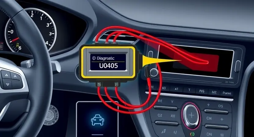 A detailed technical illustration of a modern car's cruise control system with highlighted electronic control unit and wiring, showing error code U0405 in a diagnostic display, clean background, professional automotive engineering style