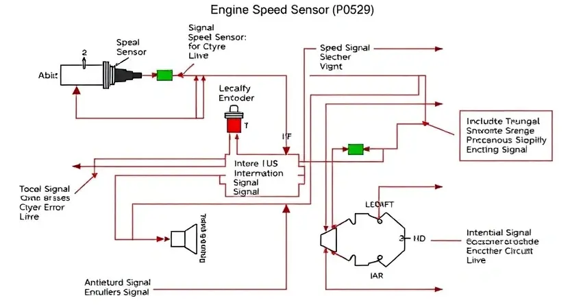 A detailed schematic diagram of an engine speed sensor circuit, highlighting the P0529 error code. Include visual representations of the sensor, signal processing circuitry, and potential causes of the intermittent signal. Focus on clarity and technical accuracy.