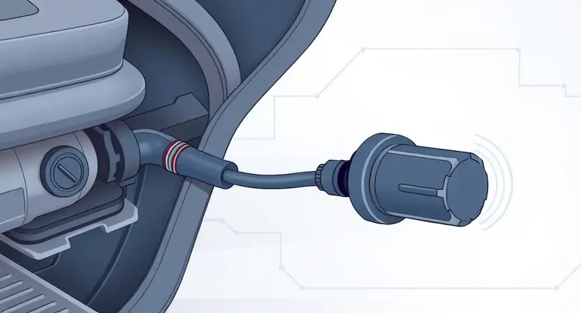 A detailed technical illustration of a car's steering angle sensor and its wiring harness, showing a broken connection or damaged wire leading to the sensor, with subtle visual indicators of signal loss such as fading lines or error symbols near the sensor, set against a clean automotive engineering background with soft blue-gray tones, no text or labels visible