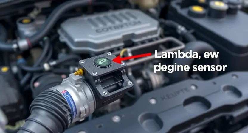 A detailed illustration of an automotive engine bay, focusing on the location and appearance of the lambda sensor. The sensor should be clearly visible, with wiring and connections highlighted. The background should be slightly blurred to emphasize the sensor.