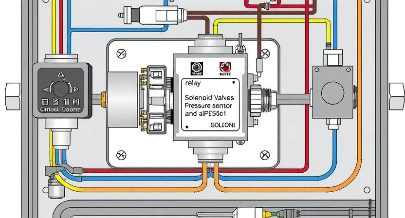 A detailed technical illustration of a solenoid valve control circuit, showing the components like the solenoid, relay, pressure sensor, and wiring. Focus on the internal workings of the solenoid and the connections to the control system. The image should be clean and professional, suitable for a technical manual.
