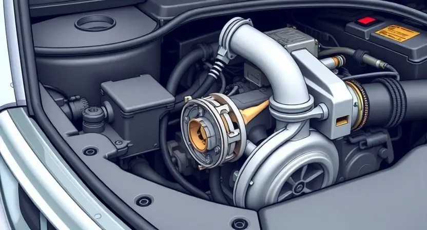 A detailed illustration of a car engine bay, focusing on the turbocharger and its associated pressure sensor. The sensor should be clearly visible, connected to wiring, and positioned near the turbocharger. Include visual cues indicating potential issues, such as a slightly corroded sensor or a loose wire. The background should be slightly blurred to emphasize the engine components.