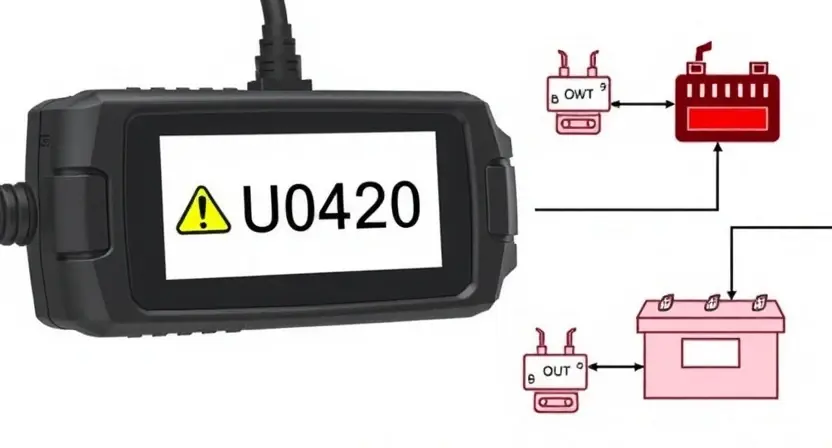 A high-quality technical illustration showing an automotive diagnostic scanner displaying error code U0420 with a warning icon, surrounded by symbols of electrical circuits and battery, clean white background, sharp focus, professional documentation style