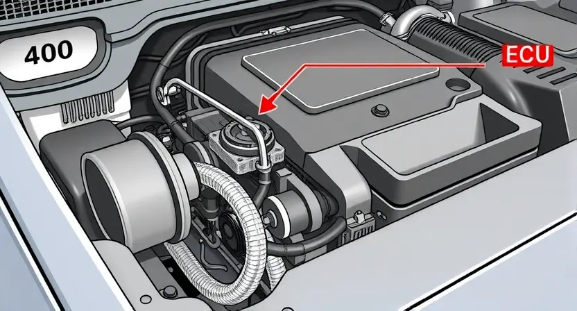 A detailed illustration of a car engine with a focus on the coolant temperature sensor and its connection to the engine control unit (ECU). The image should clearly show the sensor's location, wiring, and the ECU's interface. Include subtle visual cues representing overheating, such as faint heat waves or a slightly stressed appearance of the components. The background should be a clean, technical environment.