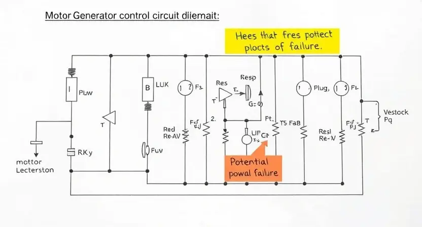 A detailed schematic diagram of a motor-generator control circuit, highlighting potential points of failure. Include visual representations of components like transistors, capacitors, and resistors. The diagram should be clean and well-labeled, with arrows indicating the flow of electricity.