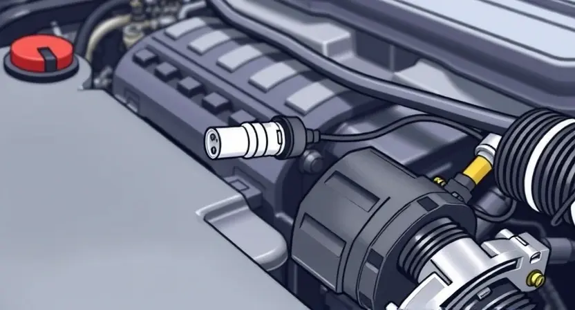 A close-up, detailed illustration of a car engine bay. Focus on the temperature sensor and its wiring harness. The sensor should be clearly visible, with wires connecting it to the engine control unit (ECU). The overall scene should convey a sense of technical precision and repair. The engine bay should be clean and well-lit, highlighting the components.